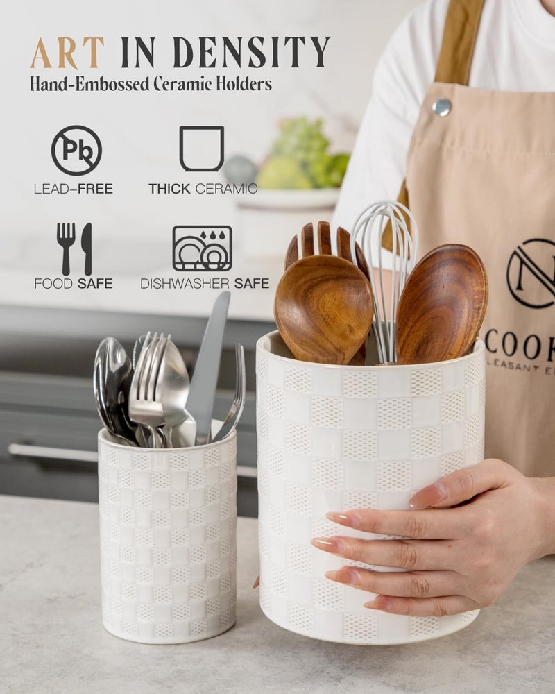 Nucookery Utensil Holder, Extra Large Ceramic Utensil Crock for Kitchen Counter, Stable Spatula & Flatware Organizer, Farmhouse Embossed Kitchen Decor, Set of 2 (Checkered) - Image 4